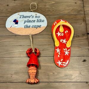 Beach Cape Cod signs: lot of 3, ceramic flip flop, lobster ornament and sign